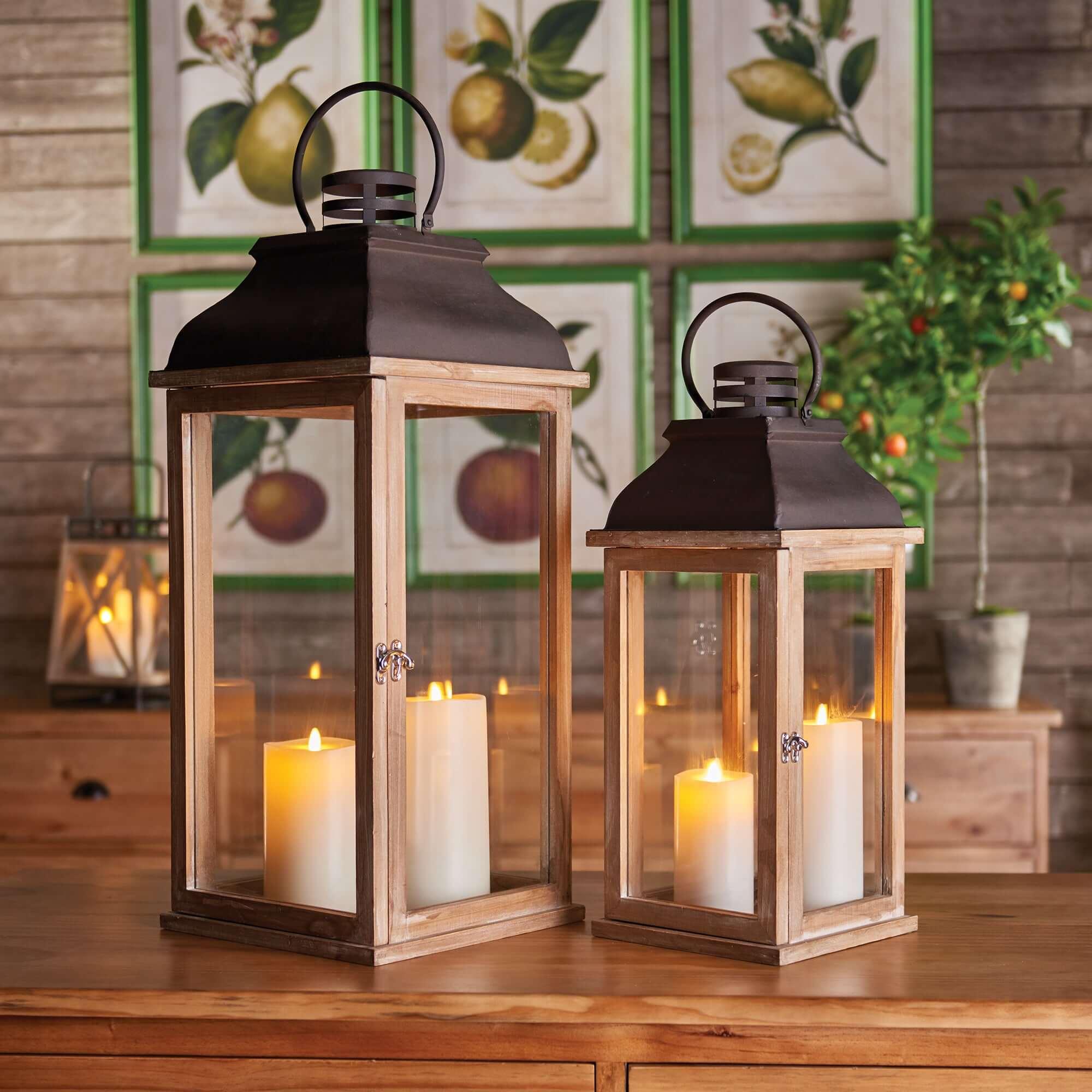 Vintage Wood and Metal Lantern Set with Glass Panels (Set of 2) Vintage Shopper