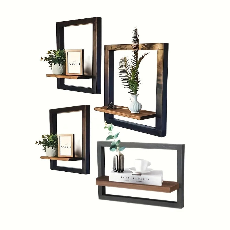 Rustic wooden wall shelves, set of 4 square floating shelves - House of Avana