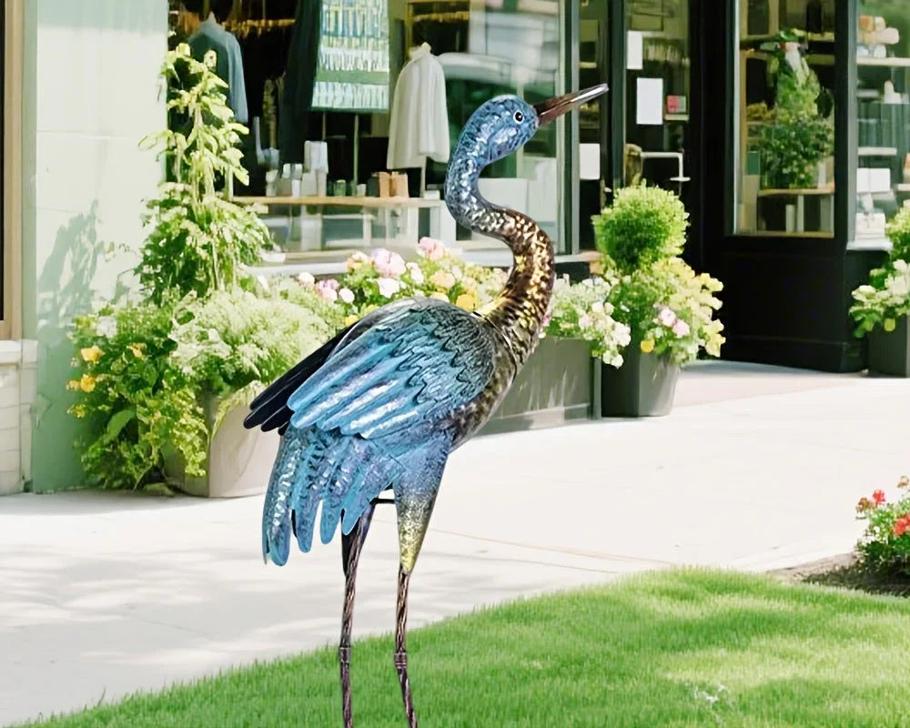 2pc Blue Gold Metal Crane Garden Statue Set - House Of Avana