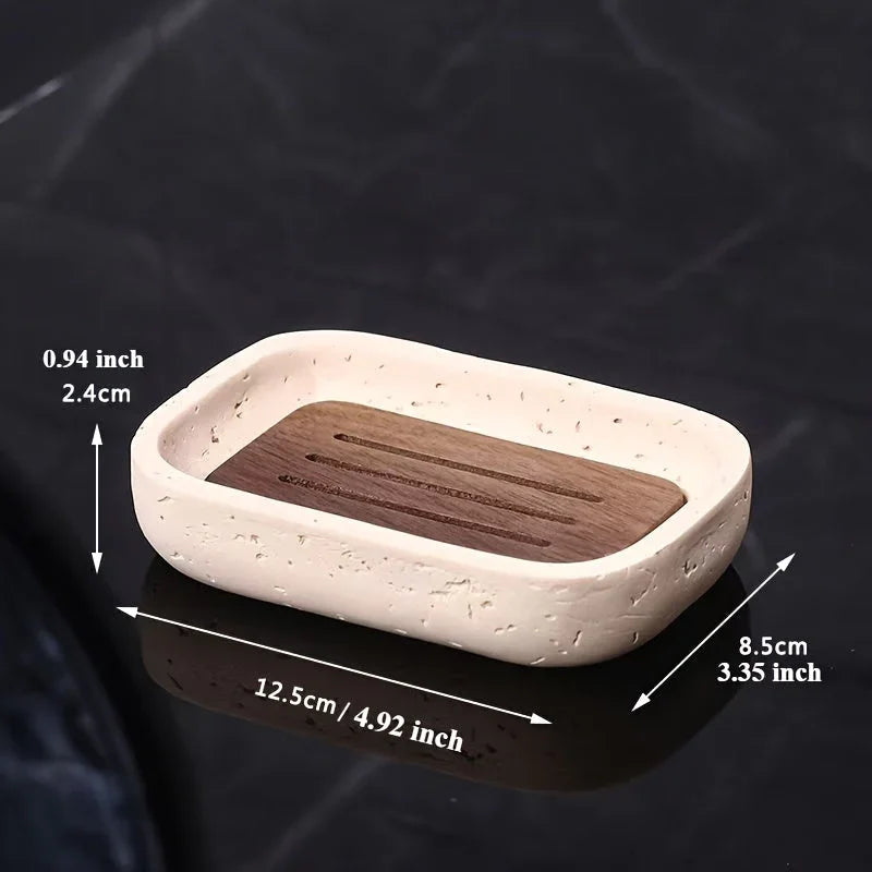 Wabi - sabi style sand - stone resin soap dish. The off - white sand - stone textured dish body is paired with a partition polished from imported North American walnut, presenting a simple and natural look. Sized approximatel House Of Avana [[SKU:HOA-BAT-407-A]]