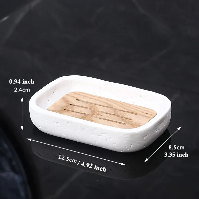 Wabi - sabi style sand - stone resin soap dish. The off - white sand - stone textured dish body is paired with a partition polished from imported North American walnut, presenting a simple and natural look. Sized approximatel House Of Avana [[SKU:HOA-BAT-407]]