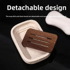 Wabi - sabi style sand - stone resin soap dish. The off - white sand - stone textured dish body is paired with a partition polished from imported North American walnut, presenting a simple and natural look. Sized approximatel House Of Avana [[SKU:HOA-BAT-407]]