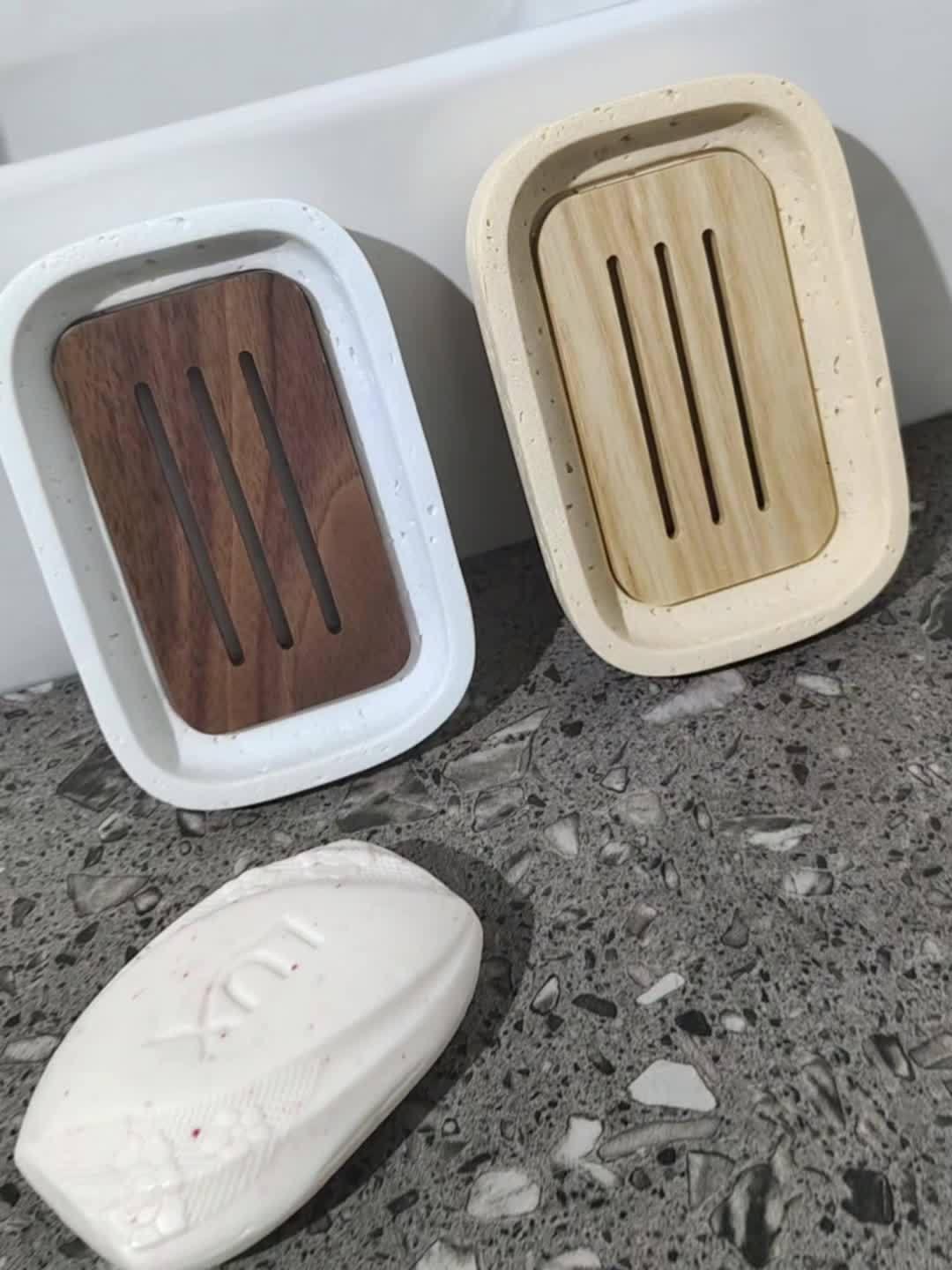 Wabi - sabi style sand - stone resin soap dish. The off - white sand - stone textured dish body is paired with a partition polished from imported North American walnut, presenting a simple and natural look. Sized approximatel House Of Avana [[SKU:HOA-BAT-407]]
