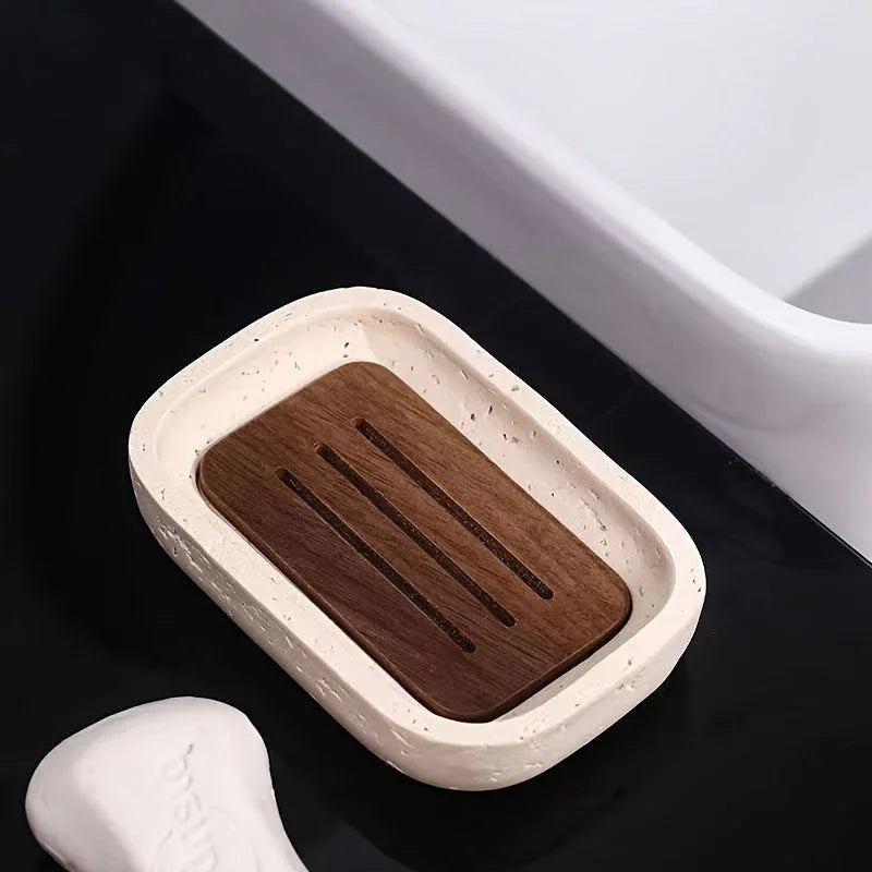 Wabi - sabi style sand - stone resin soap dish. The off - white sand - stone textured dish body is paired with a partition polished from imported North American walnut, presenting a simple and natural look. Sized approximatel House Of Avana [[SKU:HOA-BAT-407]]