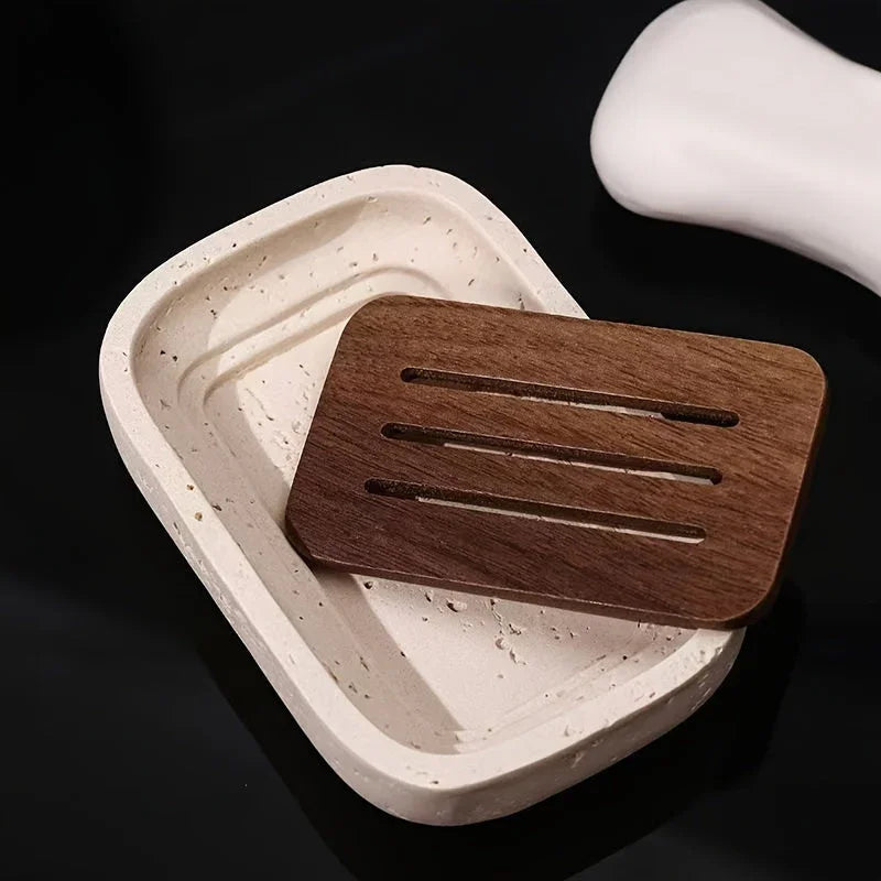 Wabi - sabi style sand - stone resin soap dish. The off - white sand - stone textured dish body is paired with a partition polished from imported North American walnut, presenting a simple and natural look. Sized approximatel House Of Avana [[SKU:HOA-BAT-407]]