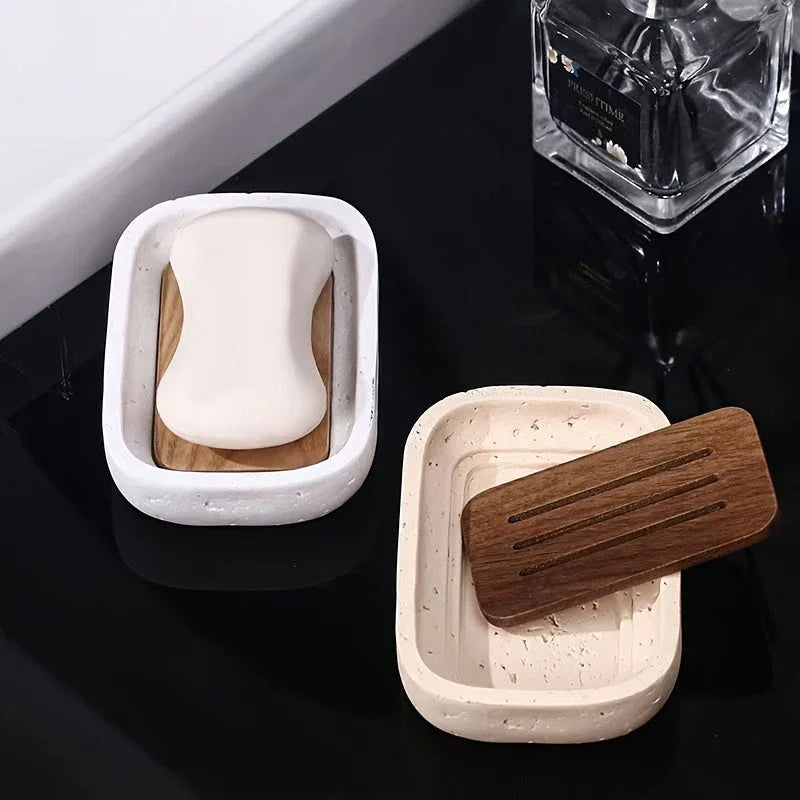 Wabi - sabi style sand - stone resin soap dish. The off - white sand - stone textured dish body is paired with a partition polished from imported North American walnut, presenting a simple and natural look. Sized approximatel House Of Avana [[SKU:HOA-BAT-407]]