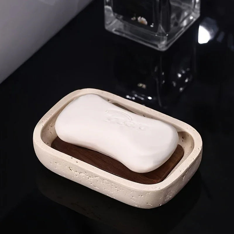 Wabi - sabi style sand - stone resin soap dish. The off - white sand - stone textured dish body is paired with a partition polished from imported North American walnut, presenting a simple and natural look. Sized approximatel House Of Avana [[SKU:HOA-BAT-407]]