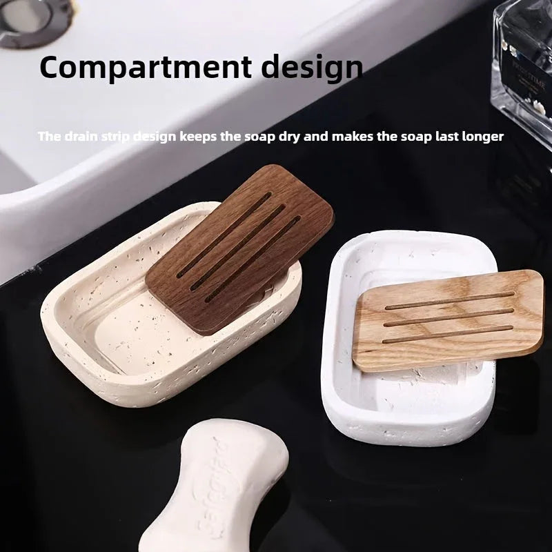 Wabi - sabi style sand - stone resin soap dish. The off - white sand - stone textured dish body is paired with a partition polished from imported North American walnut, presenting a simple and natural look. Sized approximatel House Of Avana [[SKU:HOA-BAT-407]]
