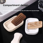 Wabi - sabi style sand - stone resin soap dish. The off - white sand - stone textured dish body is paired with a partition polished from imported North American walnut, presenting a simple and natural look. Sized approximatel House Of Avana [[SKU:HOA-BAT-407]]