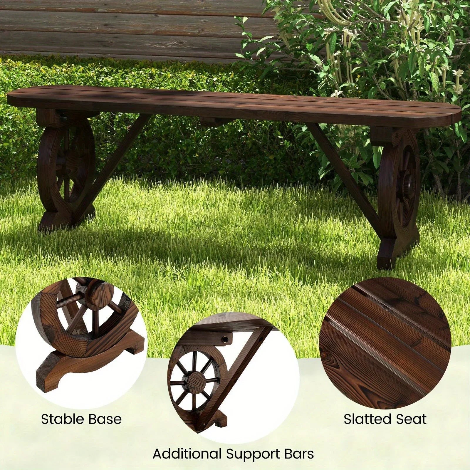 Carbonized Fir Wood Wagon Wheel Bench - House Of Avana