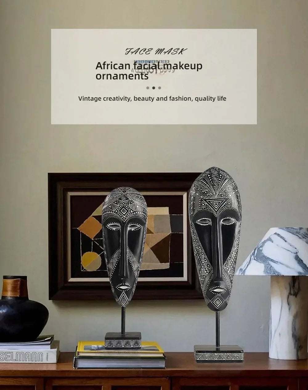 African Mask Wall Art - Hand-painted Tribal Design, angled view - House Of Avana
