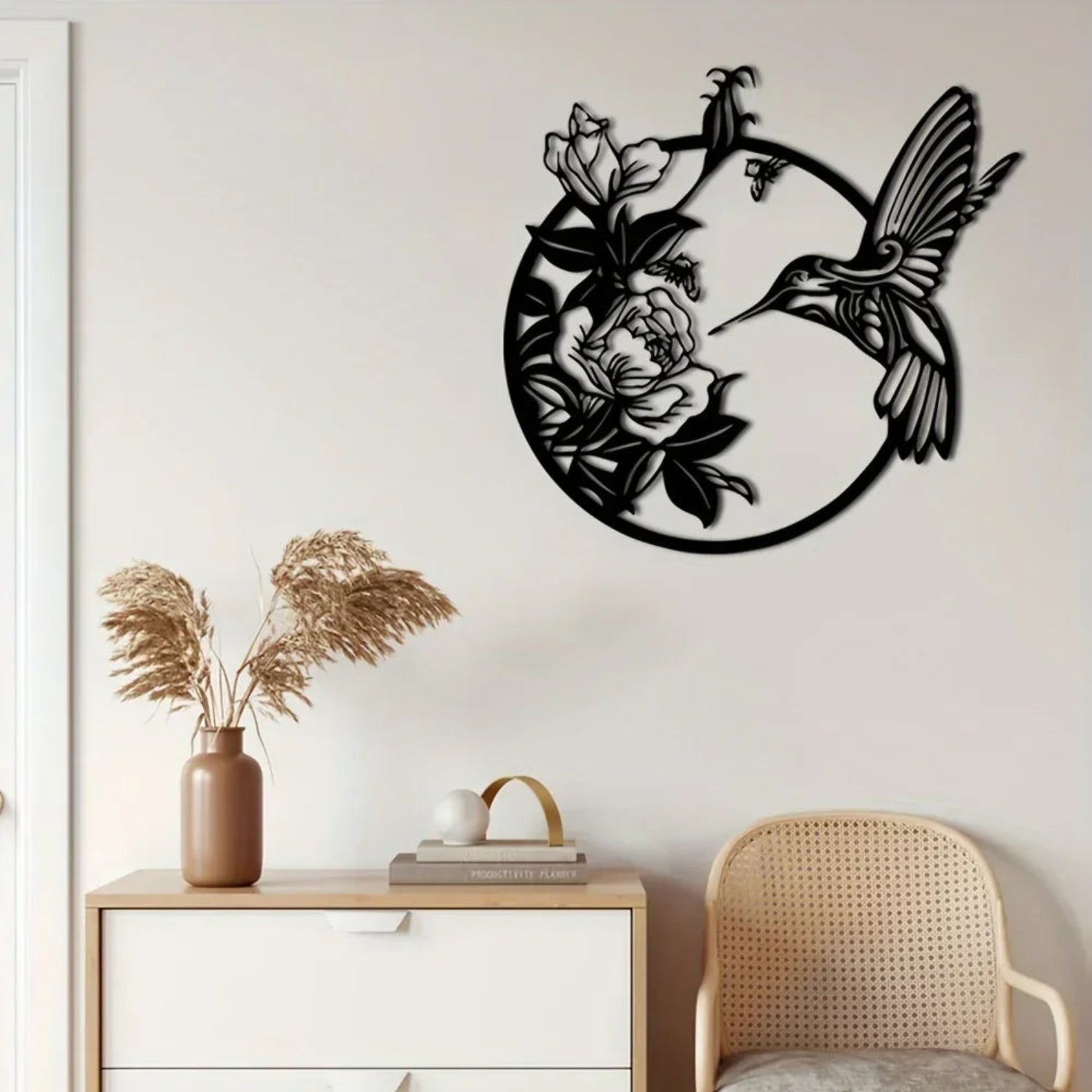 Circular Hummingbird Wall Art Decor, angled view - House Of Avana