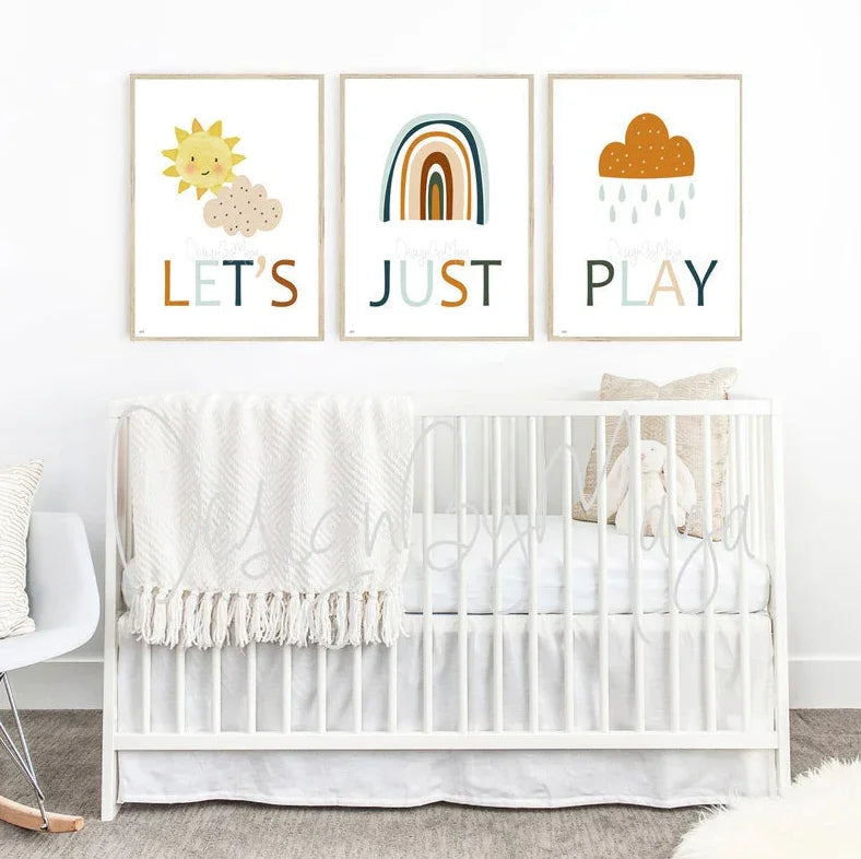 "let's Just Play" - Sunshine, Rainbow, Clouds Playroom Set - Luster Paper Nursery Wall Art Prints, back view - House Of Avana