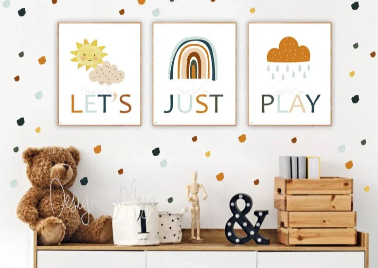 "let's Just Play" - Sunshine, Rainbow, Clouds Playroom Set - Luster Paper Nursery Wall Art Prints, front... - House Of Avana