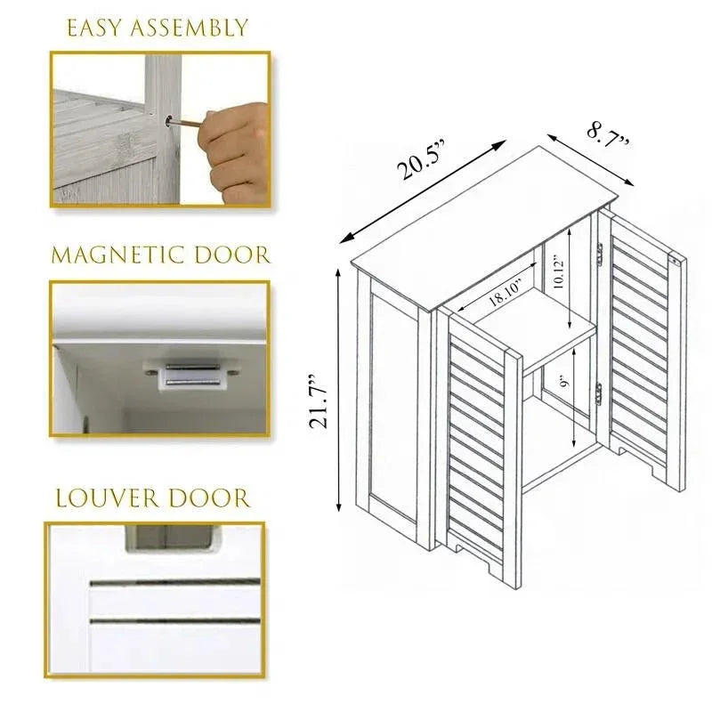 Wall-Mount Bathroom Storage Cabinet with Louver Doors in White Wood Finish