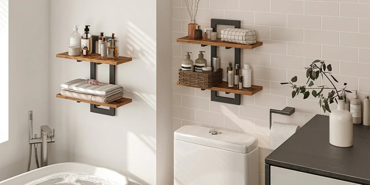 Rustic Style Floating Shelves Set of 2 - Manufactured Wood Wall Hanging Storage - 2-Tier Wall Mounted Shelves for Living Room, Bedroom, Bathroom, Kitchen - Unfinished Decorative Shelf without Electricity House Of Avana