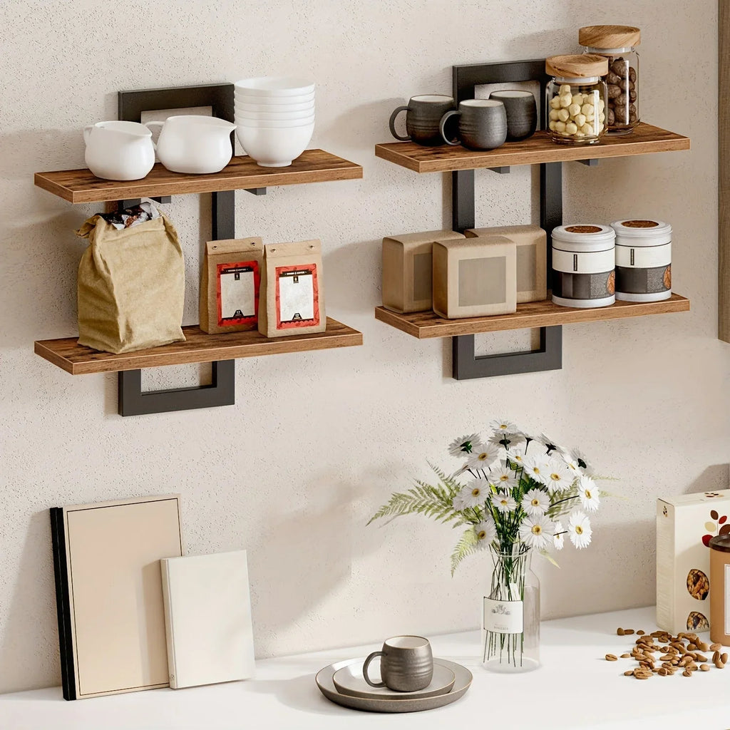 Rustic Style Floating Shelves Set of 2 - Manufactured Wood Wall Hanging Storage - 2-Tier Wall Mounted Shelves for Living Room, Bedroom, Bathroom, Kitchen - Unfinished Decorative Shelf without Electricity House Of Avana