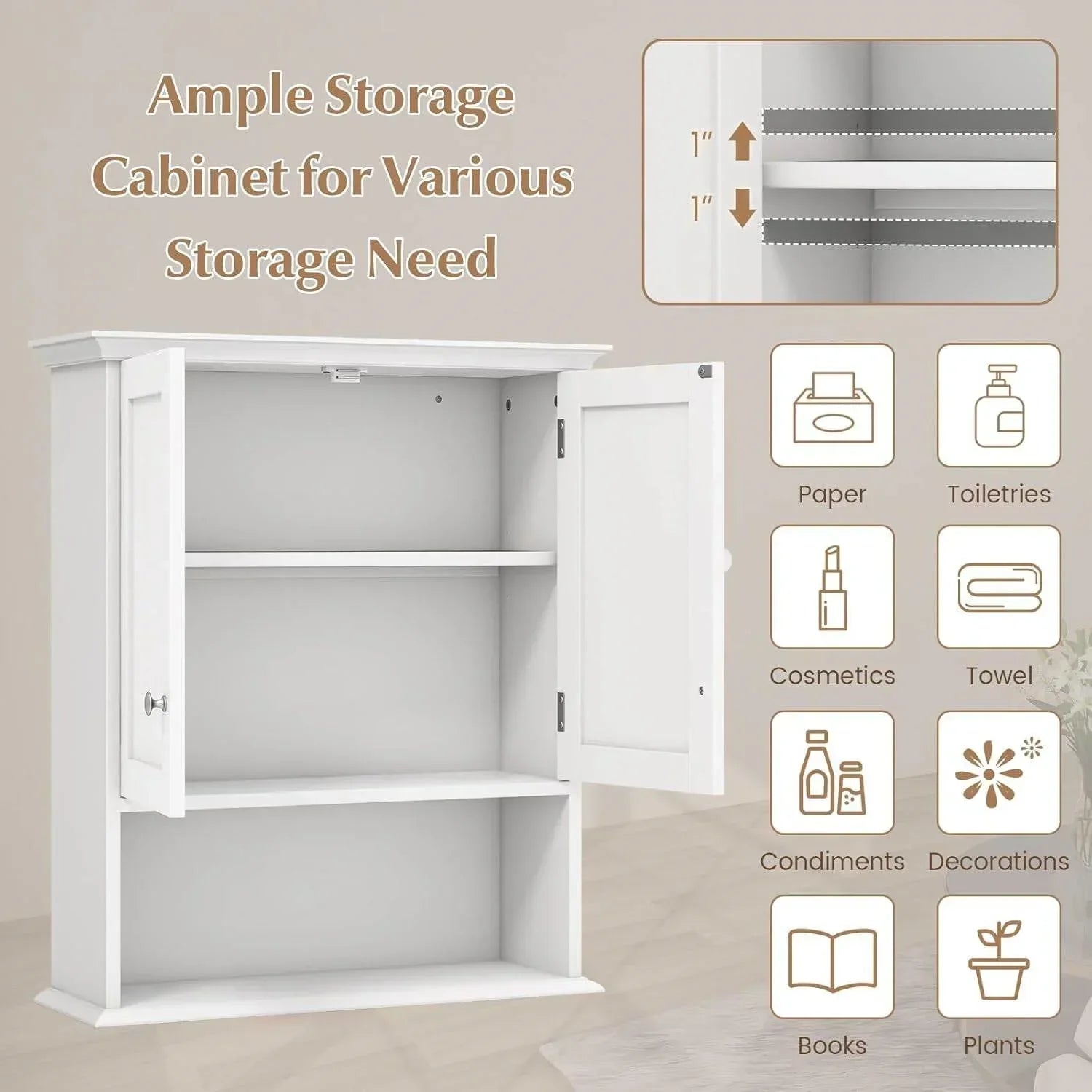 Wall Mounted Bathroom Medicine Cabinet with Open Storage Shelf in White