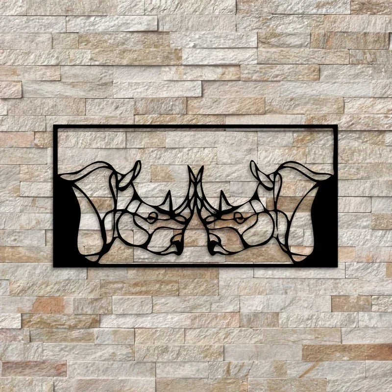 2d Flat, Minimalist Rhino Head Metal Wall Sculpture - Modern Retro Iron Rhino Statue with Flat 2d Horned... - House Of Avana