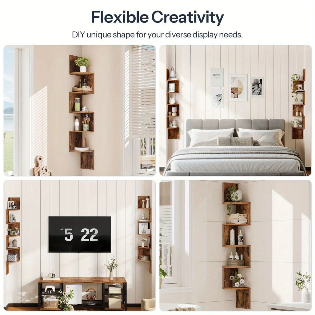Wall Shelves - 5-tier Brown Corner, angled view - House Of Avana