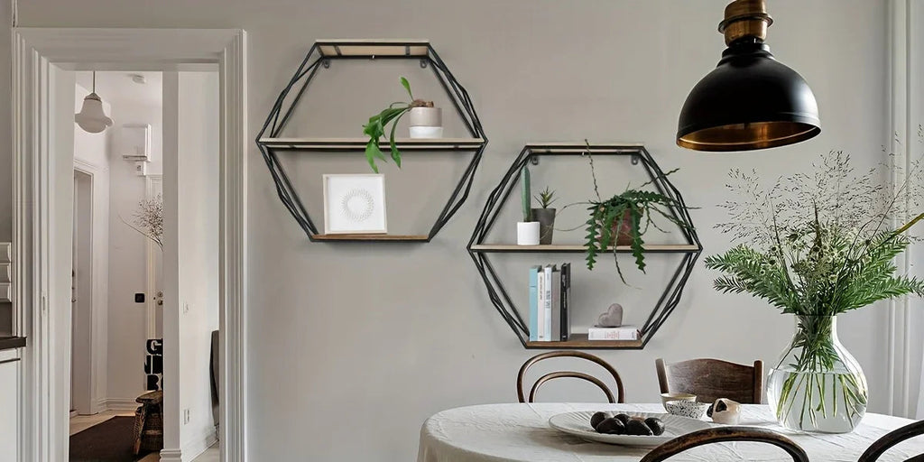 Wall Shelves - Floating Wood Hexagon, dimensions view - House Of Avana [[SKU:HOA-DSH-013]]