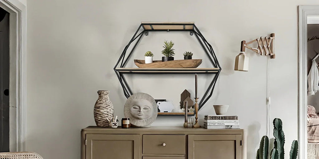 Wall Shelves - Floating Wood Hexagon, in-use display - House Of Avana [[SKU:HOA-DSH-013]]