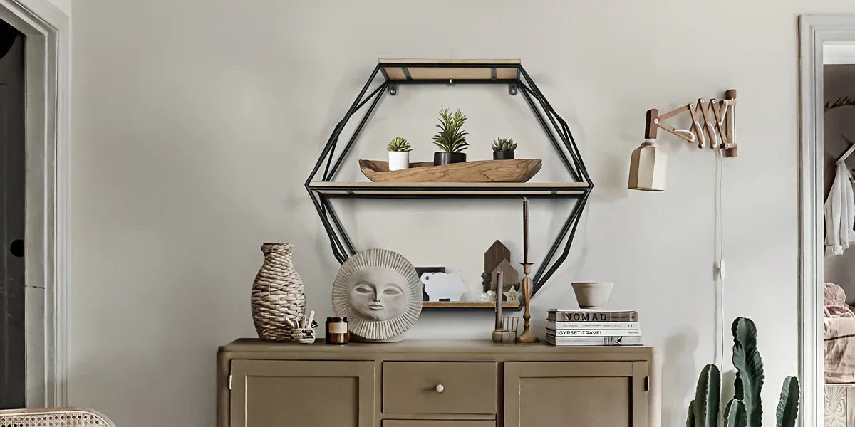 Wall Shelves - Floating Wood Hexagon, in-use display - House Of Avana [[SKU:HOA-DSH-013]]