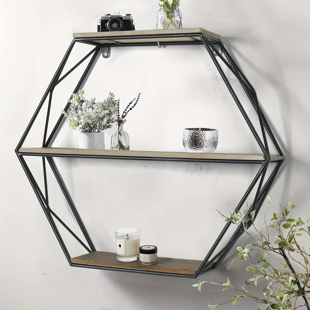 Wall Shelves - Floating Wood Hexagon, front view - House Of Avana [[SKU:HOA-DSH-013]]