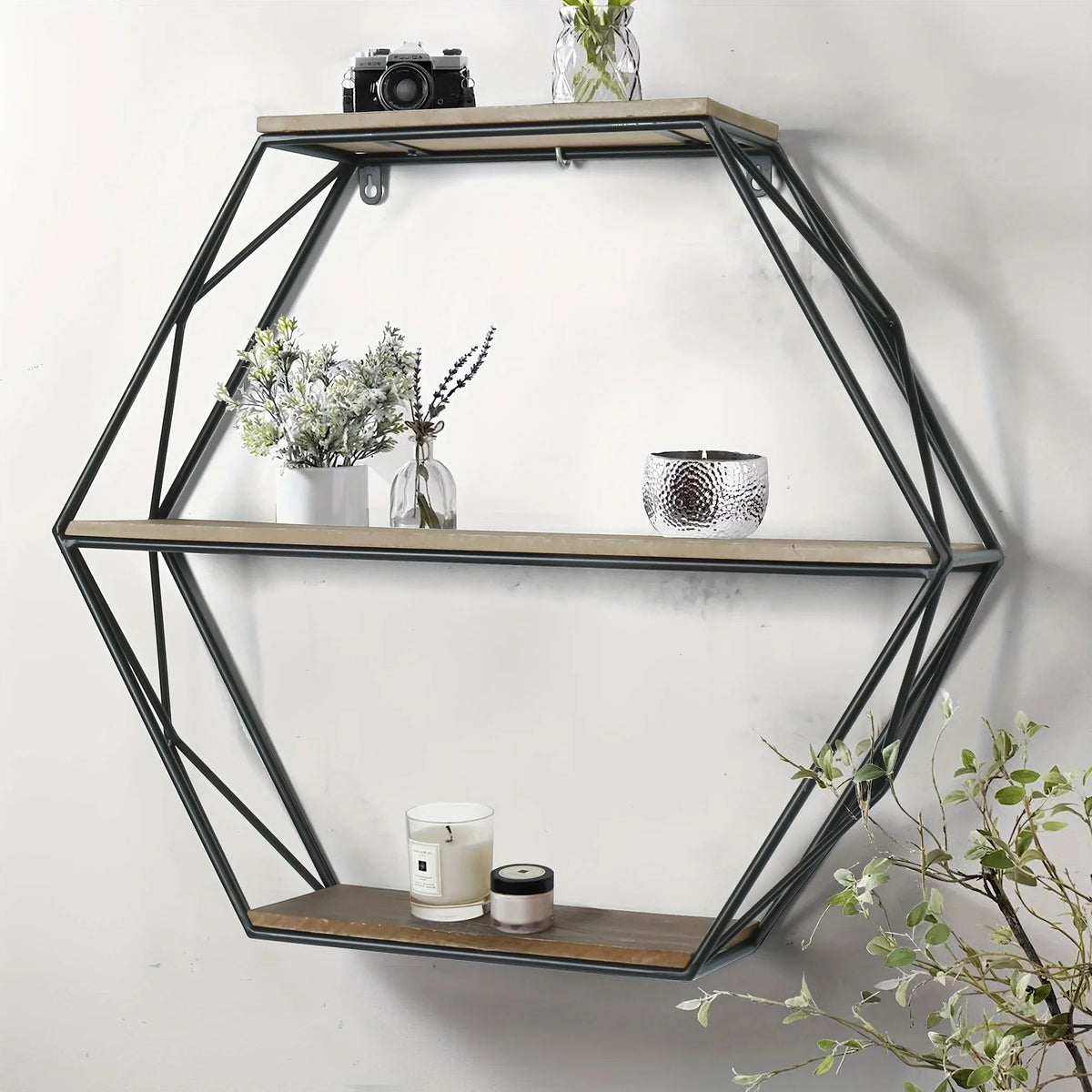 Wall Shelves - Floating Wood Hexagon, front view - House Of Avana [[SKU:HOA-DSH-013]]