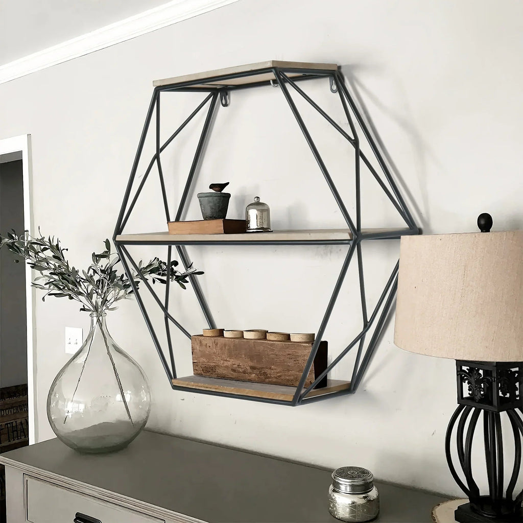 Wall Shelves - Floating Wood Hexagon, back view - House Of Avana [[SKU:HOA-DSH-013]]