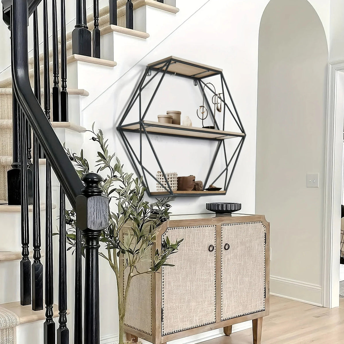 Wall Shelves - Floating Wood Hexagon, lifestyle image - House Of Avana [[SKU:HOA-DSH-013]]