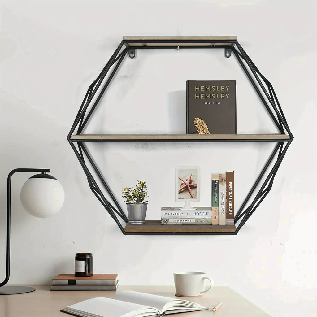 Wall Shelves - Floating Wood Hexagon, angled view - House Of Avana [[SKU:HOA-DSH-013]]
