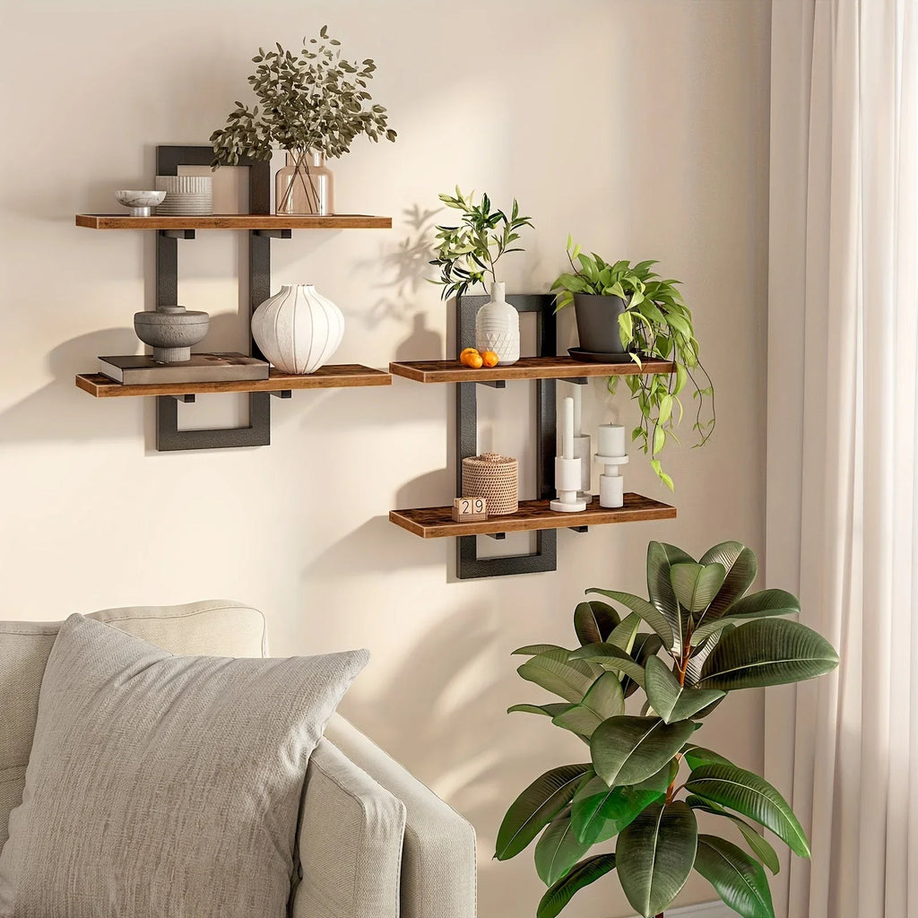 Rustic Style Floating Shelves Set of 2 - Manufactured Wood Wall Hanging Storage - 2-Tier Wall Mounted Shelves for Living Room, Bedroom, Bathroom, Kitchen - Unfinished Decorative Shelf without Electricity House Of Avana
