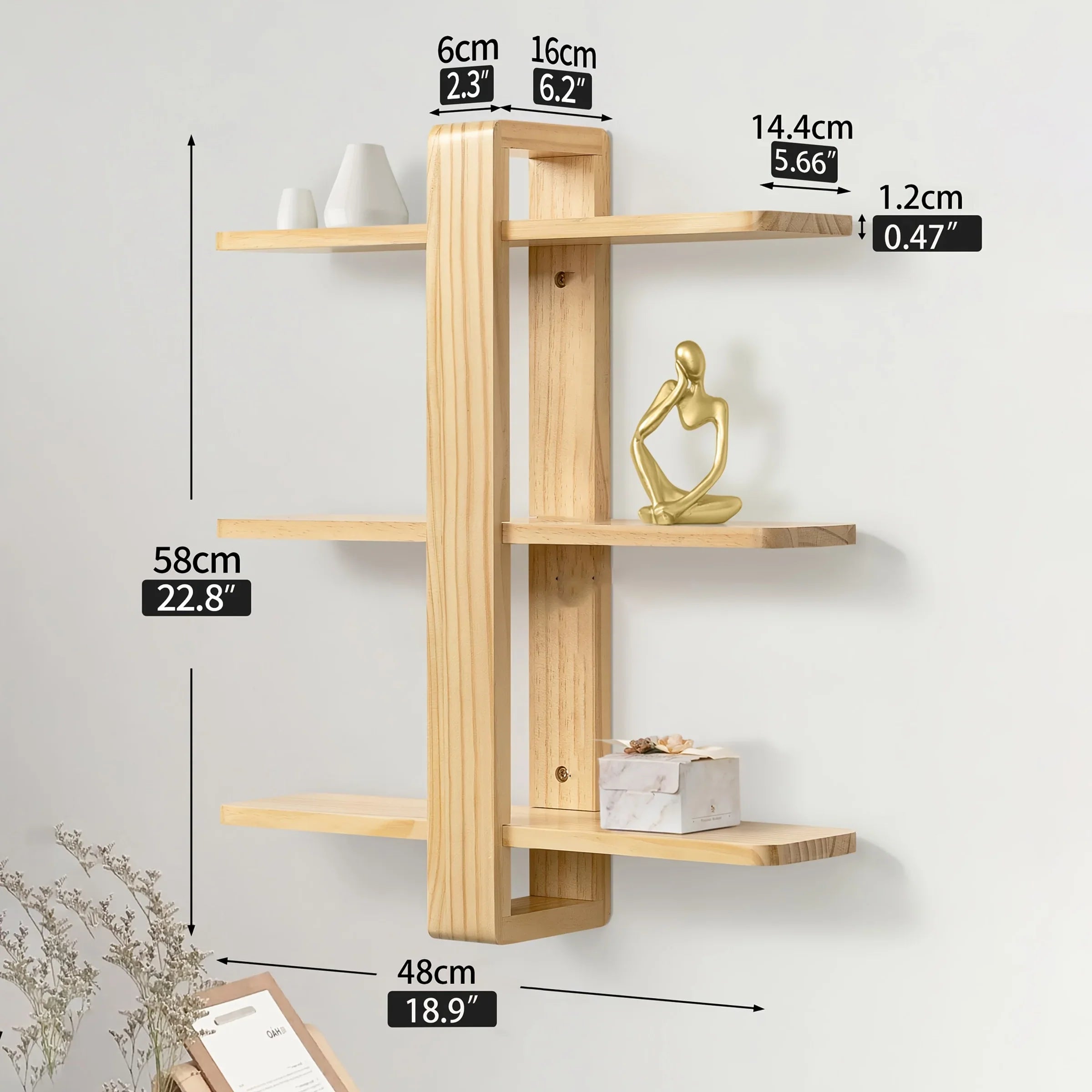 Walnut floating wall shelves with 3 tiers, modern storage - House of Avana