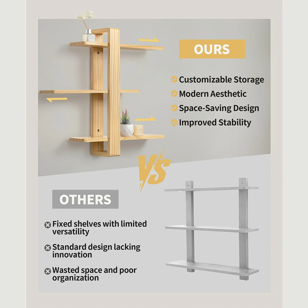 Walnut floating wall shelves with 3 tiers, modern storage - House of Avana