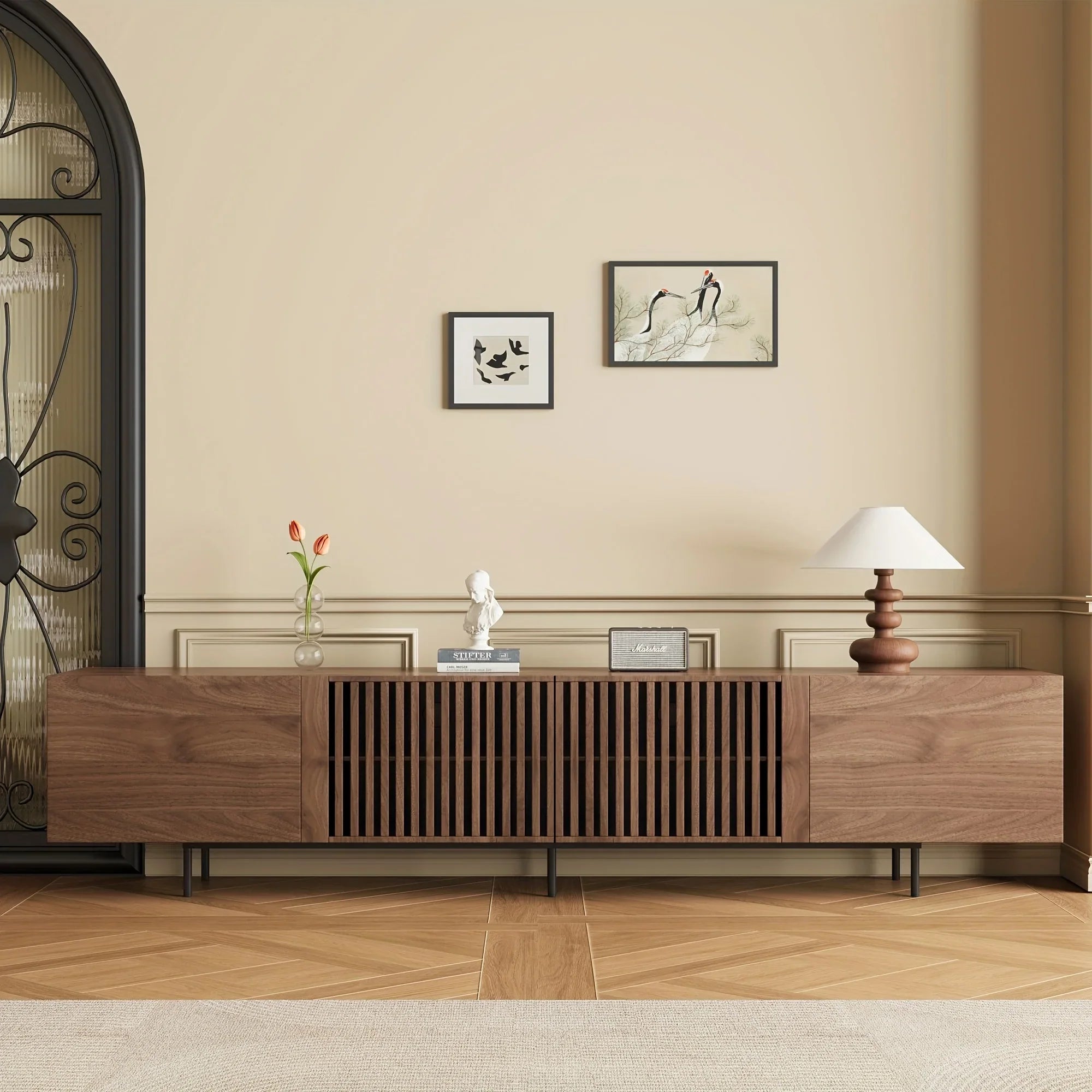 Walnut Grille TV Stand - 71/94" Dual Size (75" & 94") | Vintage Minimalist Space-Saving Design with Pull-Out Storage | Artificial Wood TV Cabinet for Living Room & Bedroom | Easy Assembly, No Power Needed, TV Console for Livi House Of Avana