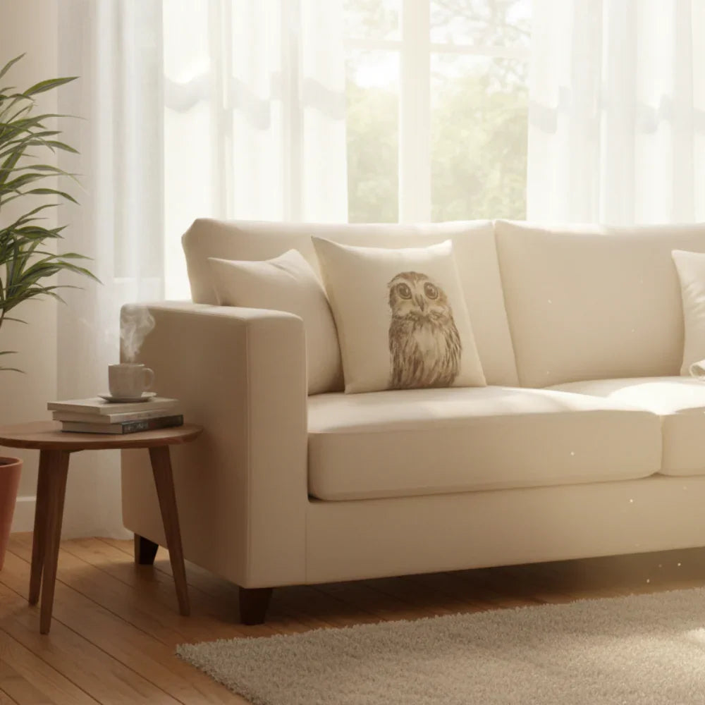Beige sofa with owl pillow in a bright living room