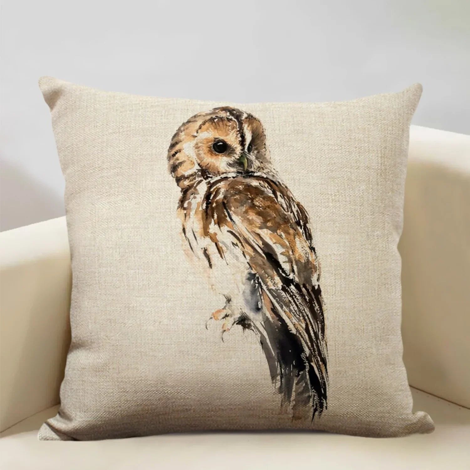 Soft watercolor owl print on beige cotton cushion cover, whimsical design - House of Avana