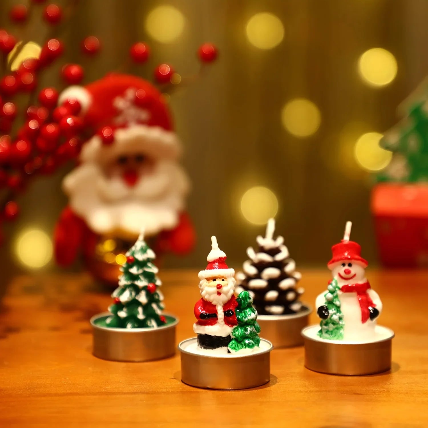 Wax Christmas Candles with Santa and Snowman Designs in Red and White, in-use display - House Of Avana