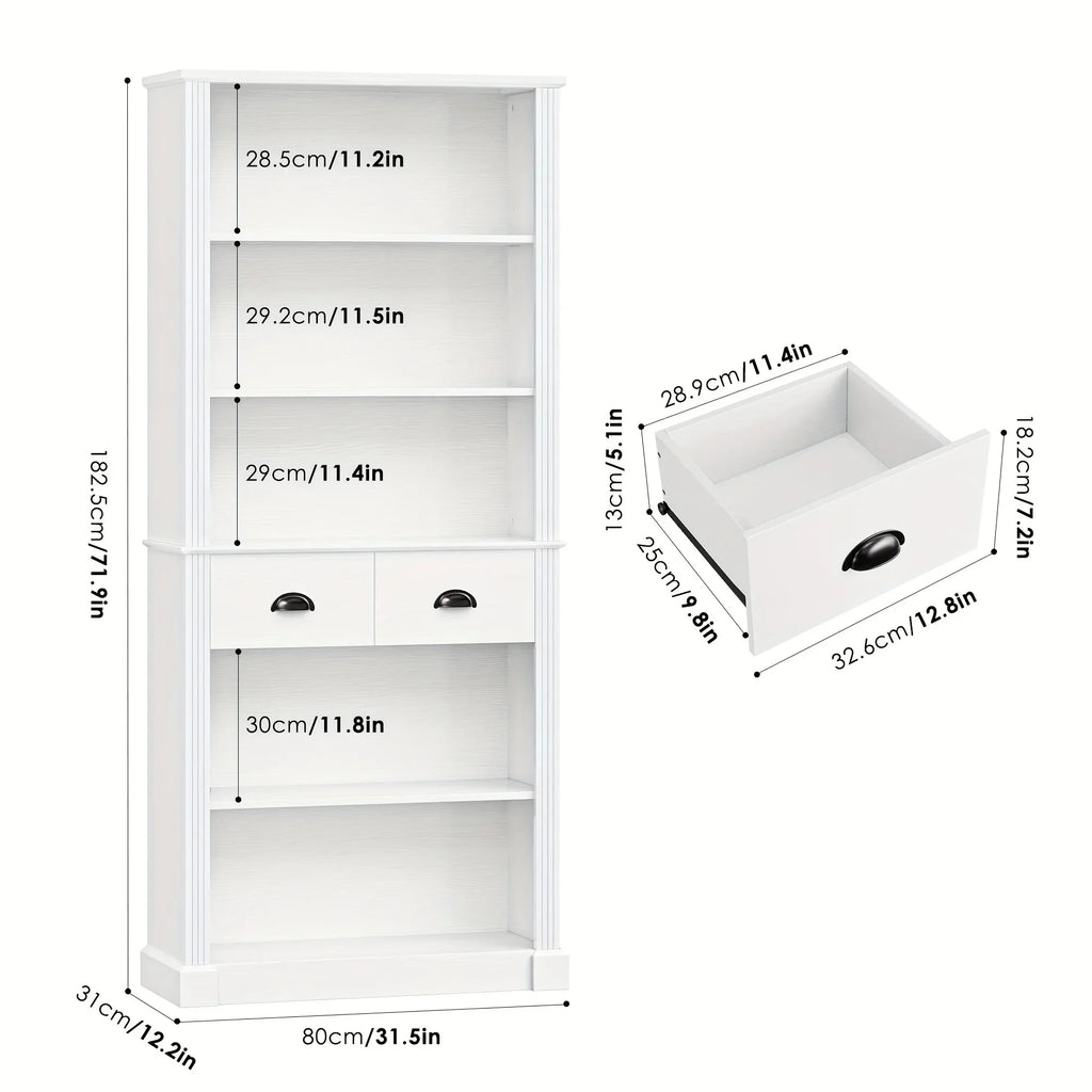 Fultru 71.8" Tall White Bookshelf with Drawers & 5-tier Adjustable Shelves - Heavy-duty Modern Bookcase... - House Of Avana