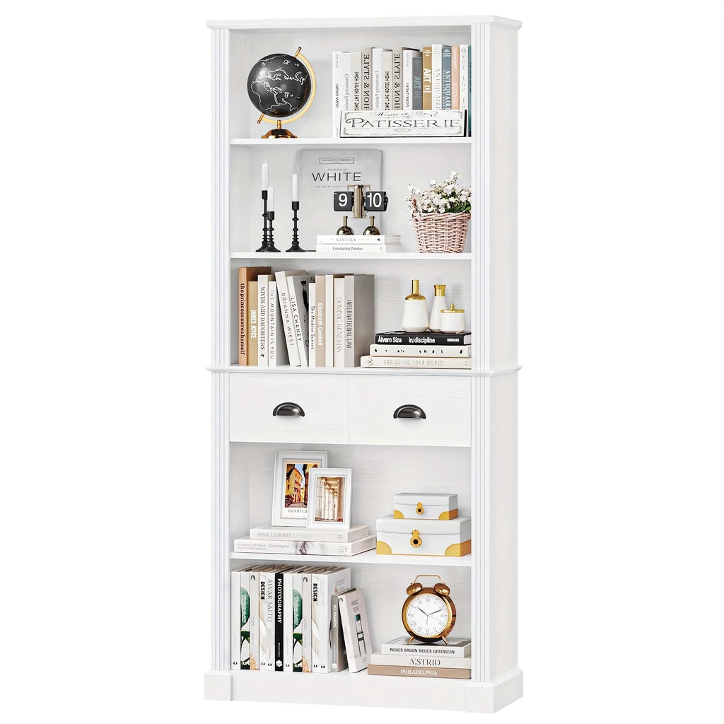 Fultru 71.8" Tall White Bookshelf with Drawers & 5-tier Adjustable Shelves - Heavy-duty Modern Bookcase... - House Of Avana