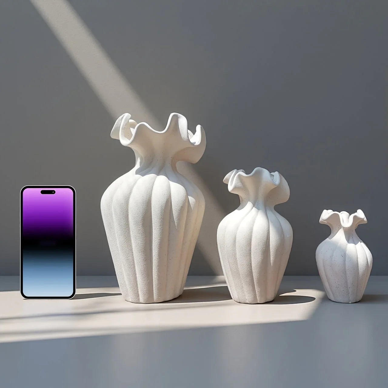 Ceramic Vase Set, White and Beige, Large, Medium and Small Sizes, angled view - House Of Avana