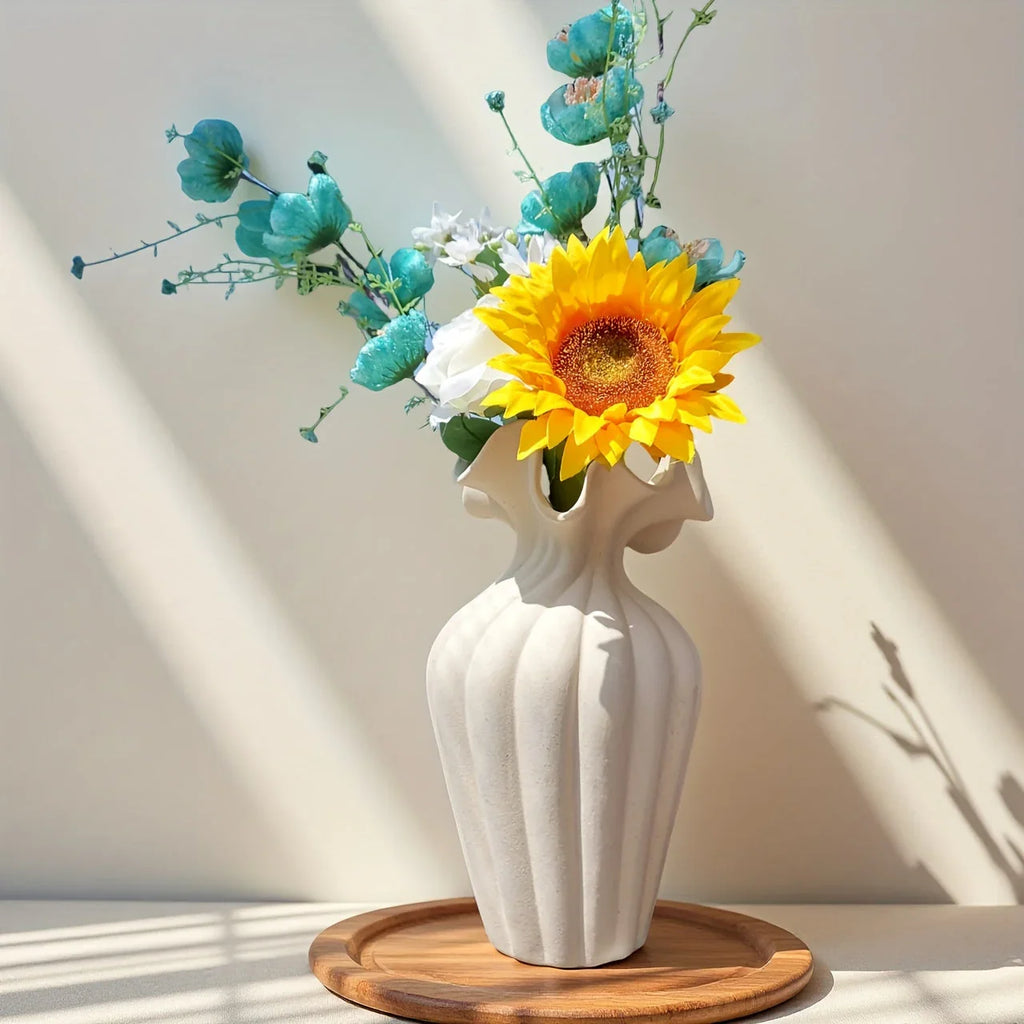 Ceramic Vase Set, White and Beige, Large, Medium and Small Sizes, angled view - House Of Avana