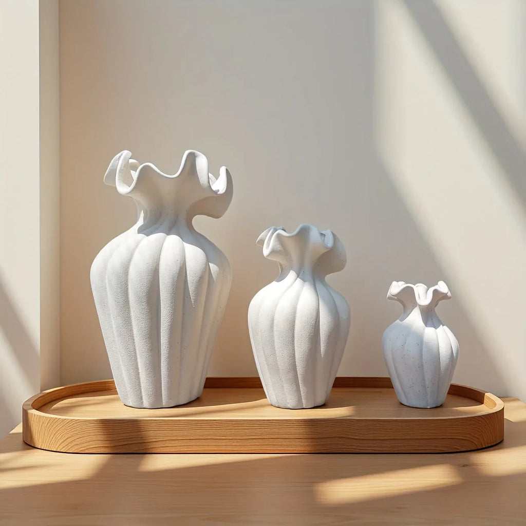 Ceramic Vase Set, White and Beige, Large, Medium and Small Sizes, close-up view - House Of Avana