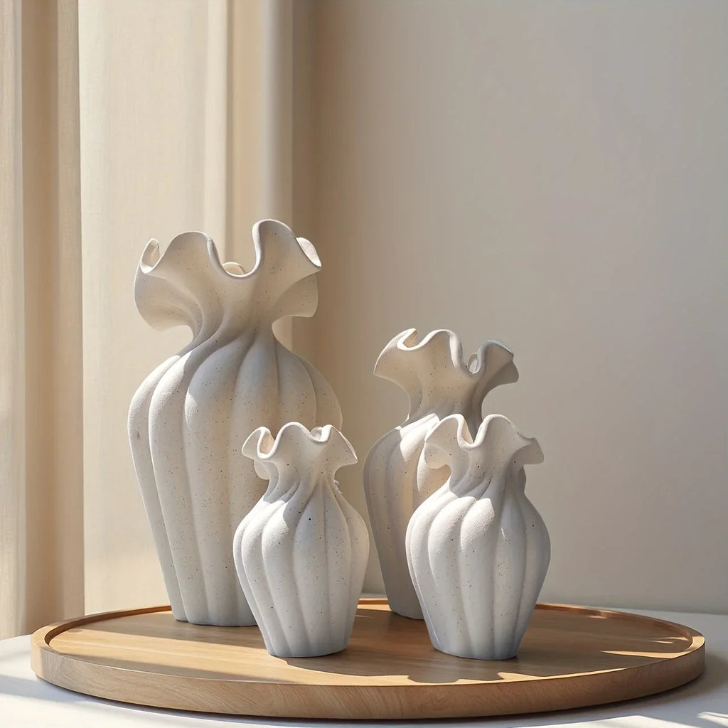 Ceramic Vase Set, White and Beige, Large, Medium and Small Sizes, side view - House Of Avana