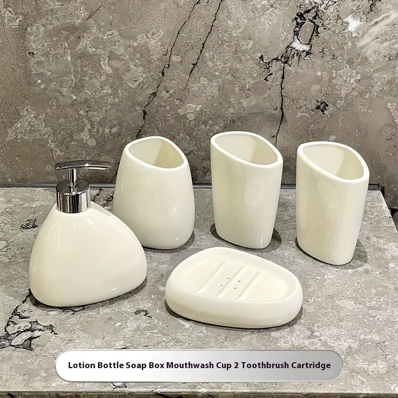 S Ceramic Bathroom Set: Soap Dispenser, Toothbrush Holder, Soap Dish, and Toothbrush Cup - Minimalist... - House Of Avana