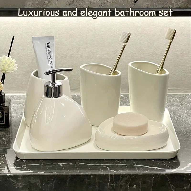 S Ceramic Bathroom Set: Soap Dispenser, Toothbrush Holder, Soap Dish, and Toothbrush Cup - Minimalist... - House Of Avana