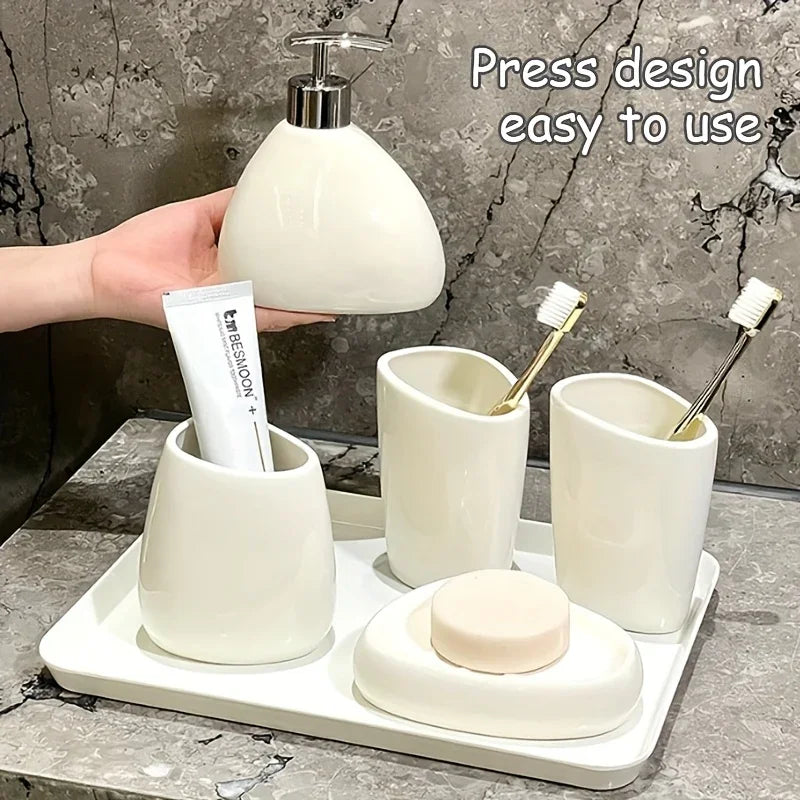 S Ceramic Bathroom Set: Soap Dispenser, Toothbrush Holder, Soap Dish, and Toothbrush Cup - Minimalist... - House Of Avana
