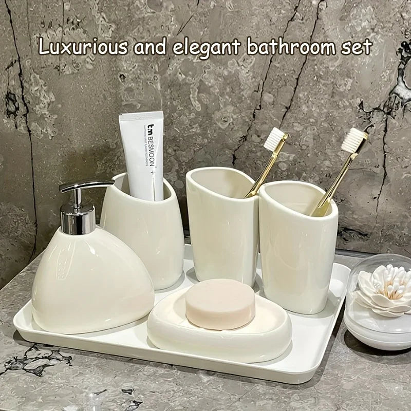 S Ceramic Bathroom Set: Soap Dispenser, Toothbrush Holder, Soap Dish, and Toothbrush Cup - Minimalist... - House Of Avana