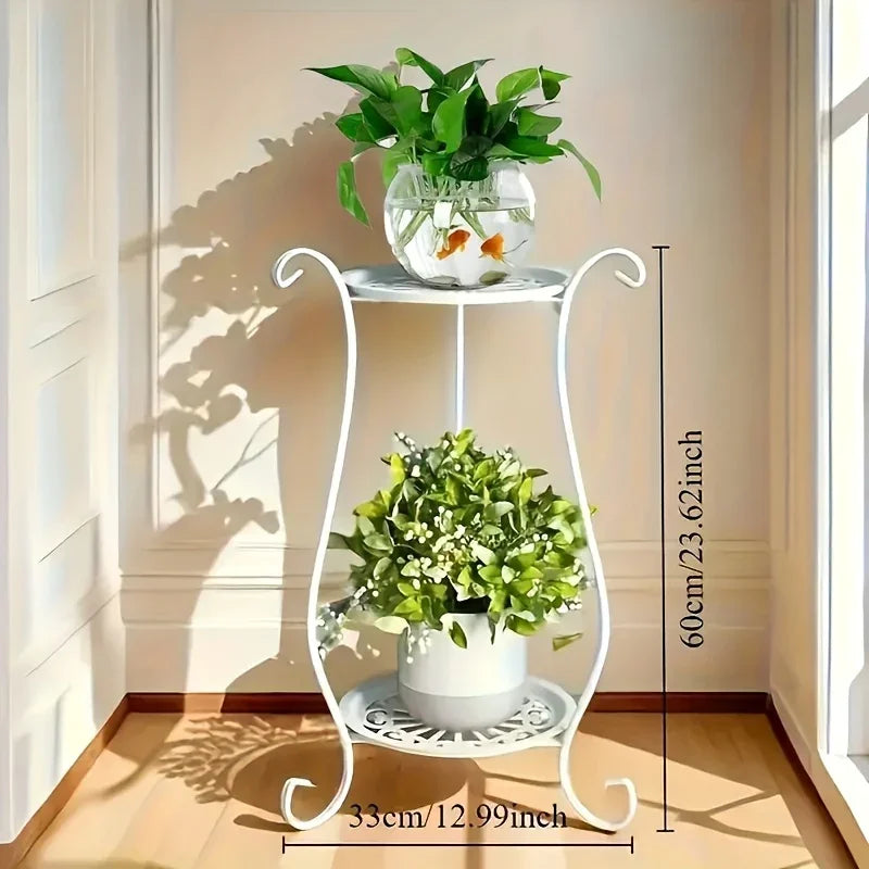 Metal Double-layer Plant Stand, White & Black, Lightweight and Durable, dimensions view - House Of Avana